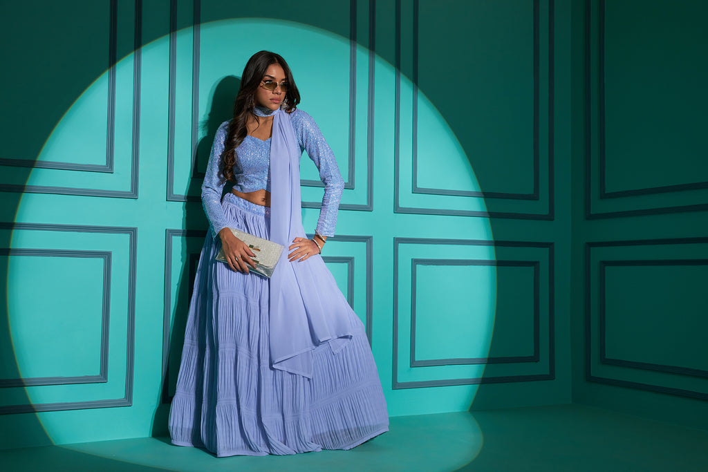 Women's Dusty Sky Georgette Fabric Plitting Pattern Lehenga Set