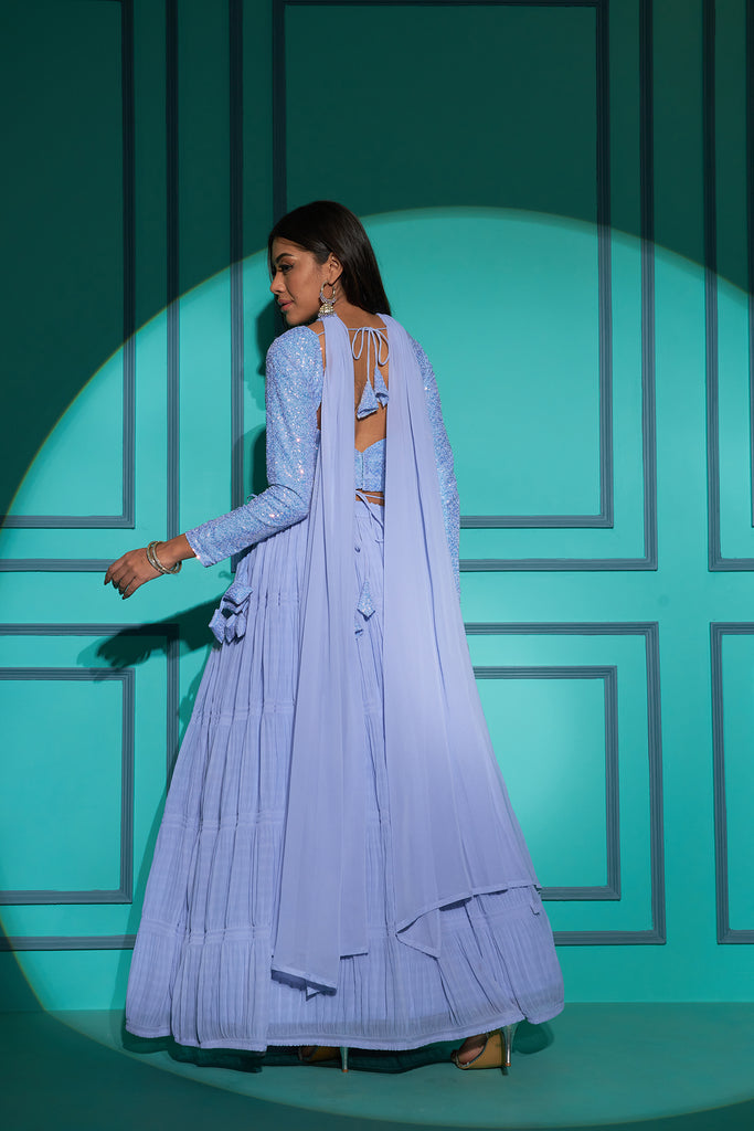 Women's Dusty Sky Georgette Fabric Plitting Pattern Lehenga Set