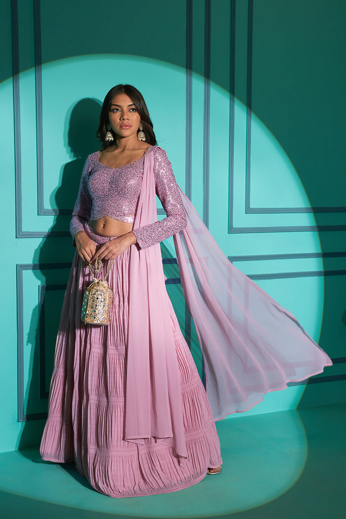 Women's Dusty Pink Georgette Fabric Plitting Pattern Lehenga Set