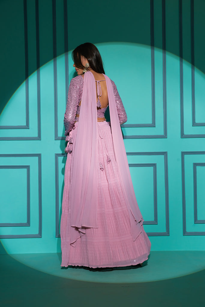 Women's Dusty Pink Georgette Fabric Plitting Pattern Lehenga Set