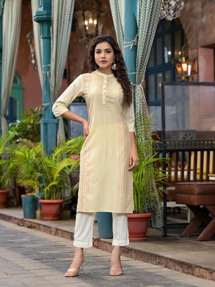 Women's Ivory Liva Rayon Printed  Kurta Set