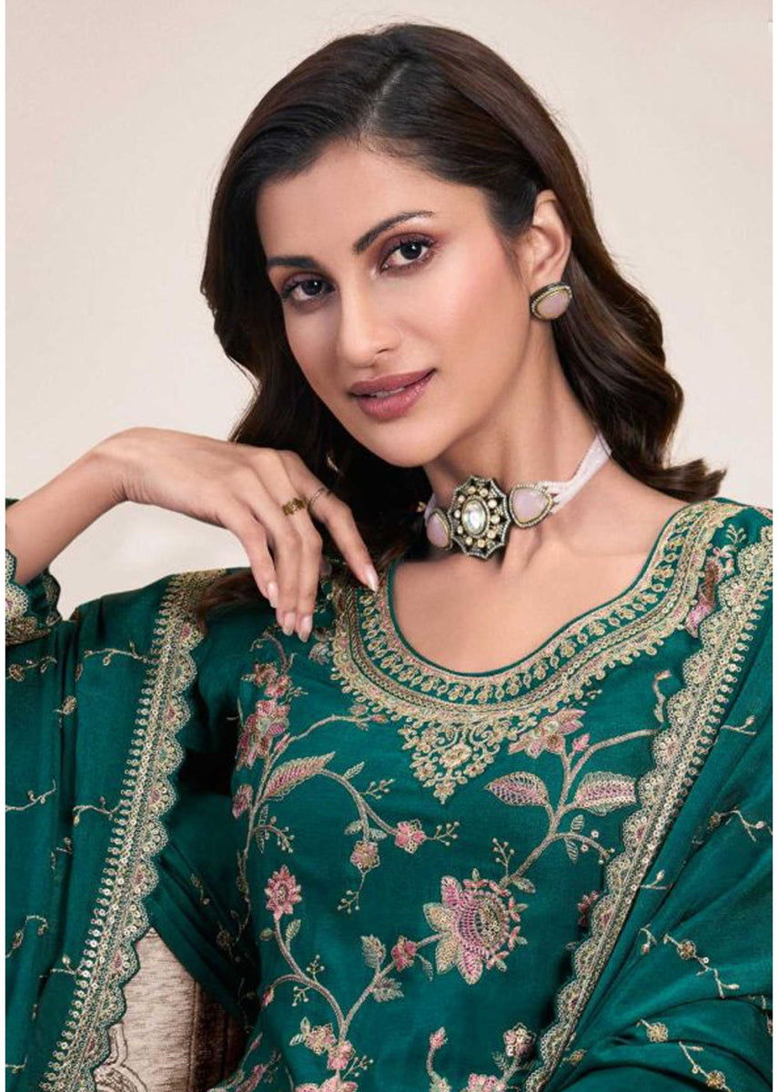 Teal Green Chiffon Embroidered Kurta With Chiffon Dupatta main image 1
