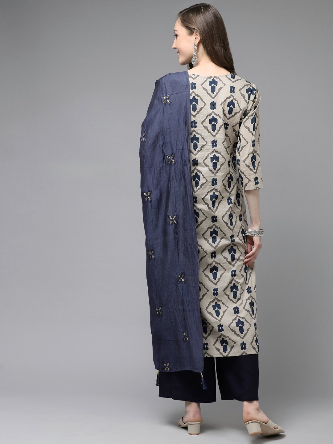 Women's Beige & Navy Blue Printed Kurta Set