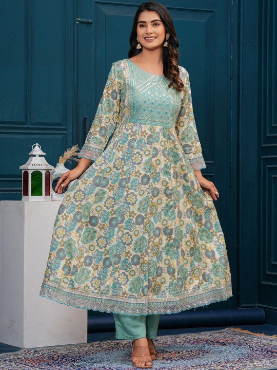 Women's Floral Embroidered Regular Pure Cotton Kurta with Trousers & With Dupatta - Taantav