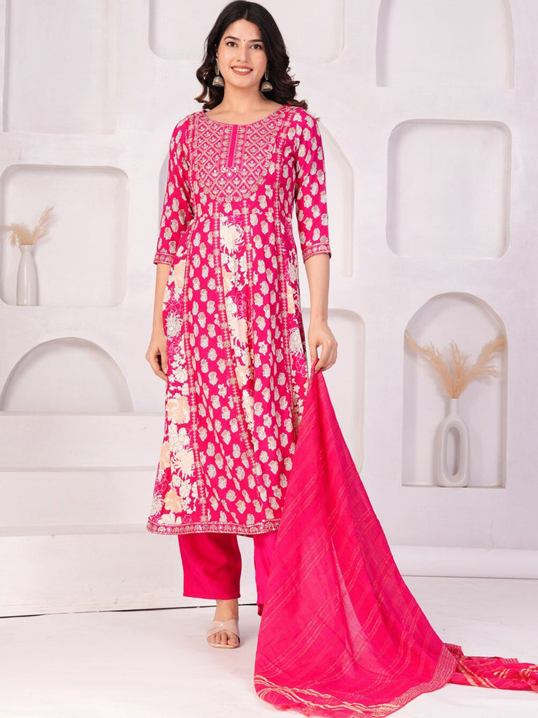 Women's Floral Printed Regular Thread Work Kurta with Palazzos & With Dupatta