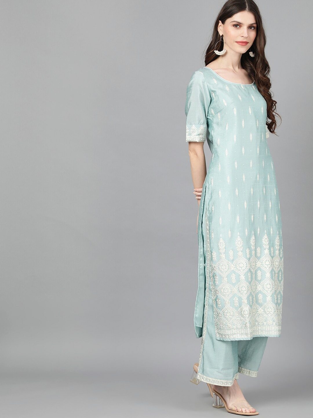 Women's  Blue & White Foil Printed Kurta with Palazzos