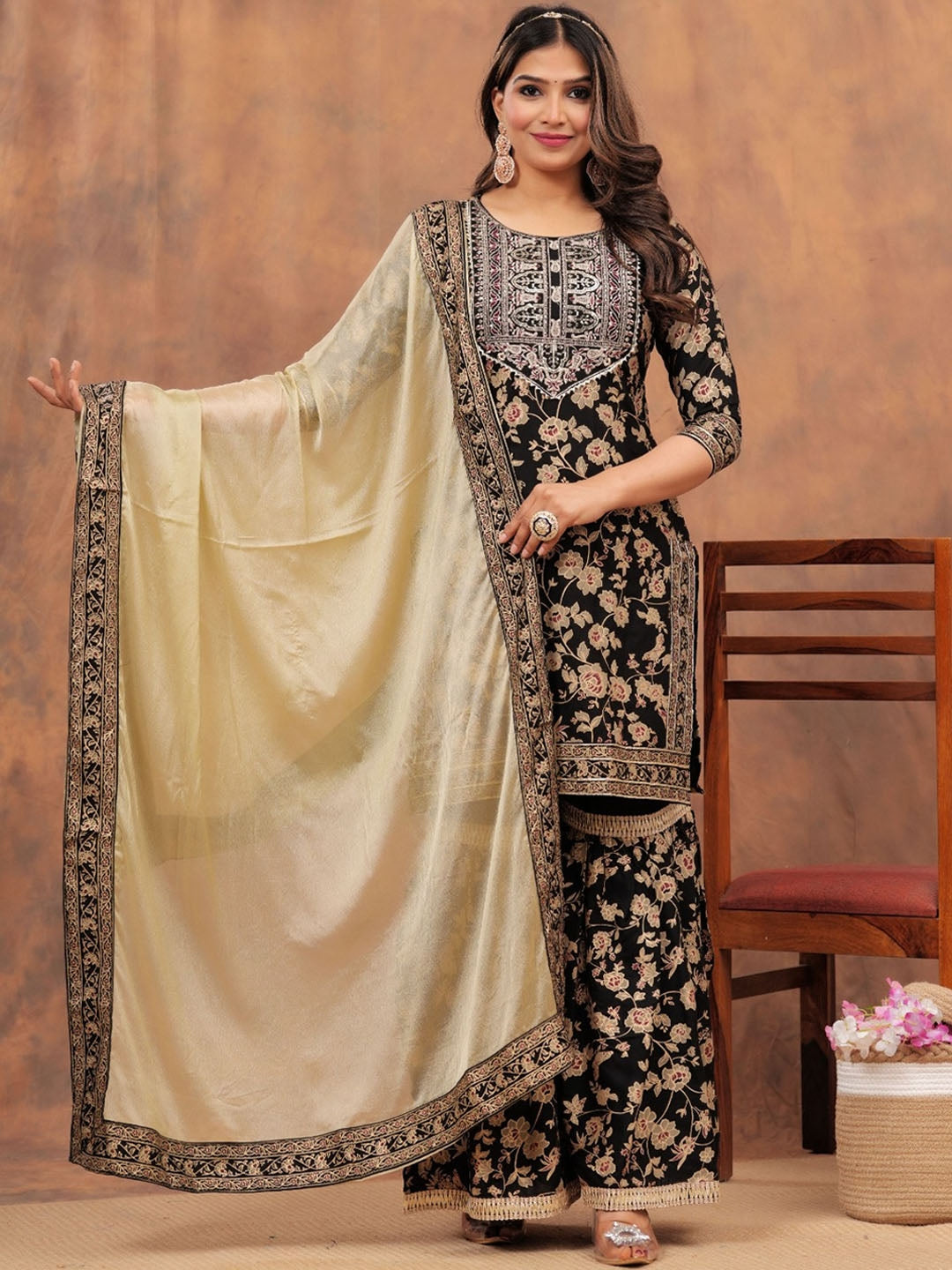 Women's Floral Printed Gotta Patti Straight Kurta with Sharara & Dupatta - Taantav