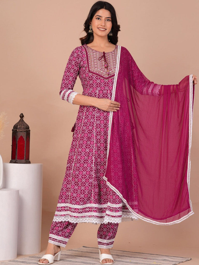 Women's Floral Printed Gotta Patti Anarkali Kurta with Trousers & With Dupatta