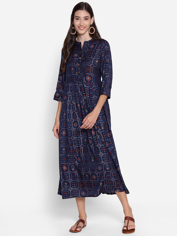 Women's Muslin Navy Blue Geometric Print Dress
