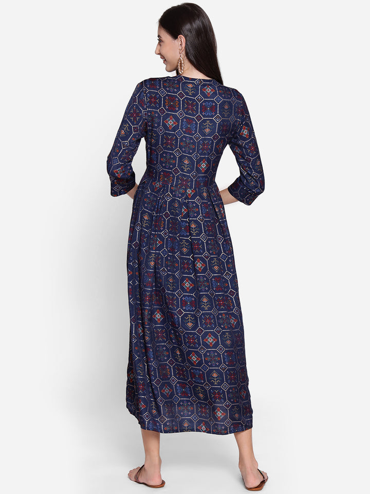 Women's Muslin Navy Blue Geometric Print Dress