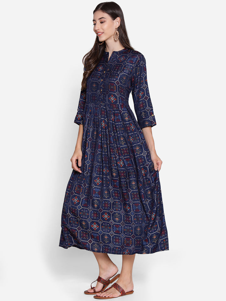 Women's Muslin Navy Blue Geometric Print Dress