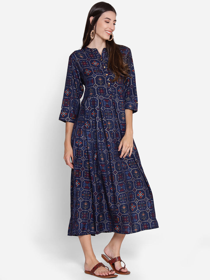 Women's Muslin Navy Blue Geometric Print Dress