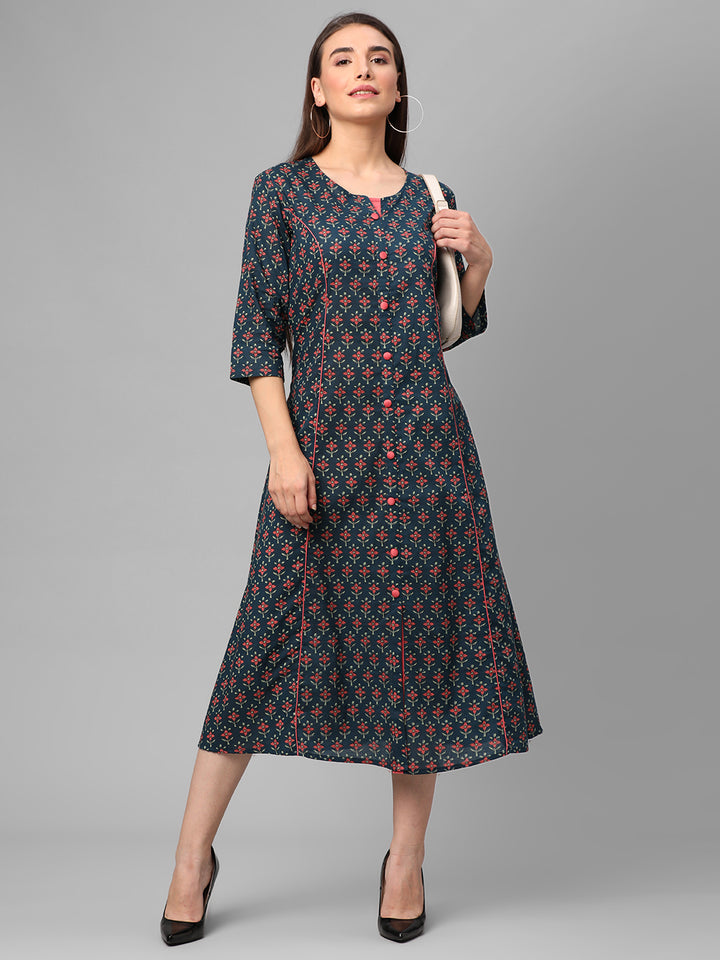 Women's Cotton Blue Floral Print Dress