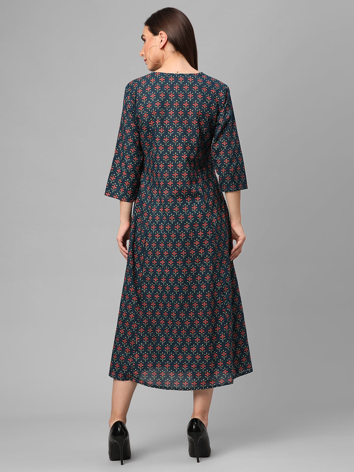 Women's Cotton Blue Floral Print Dress