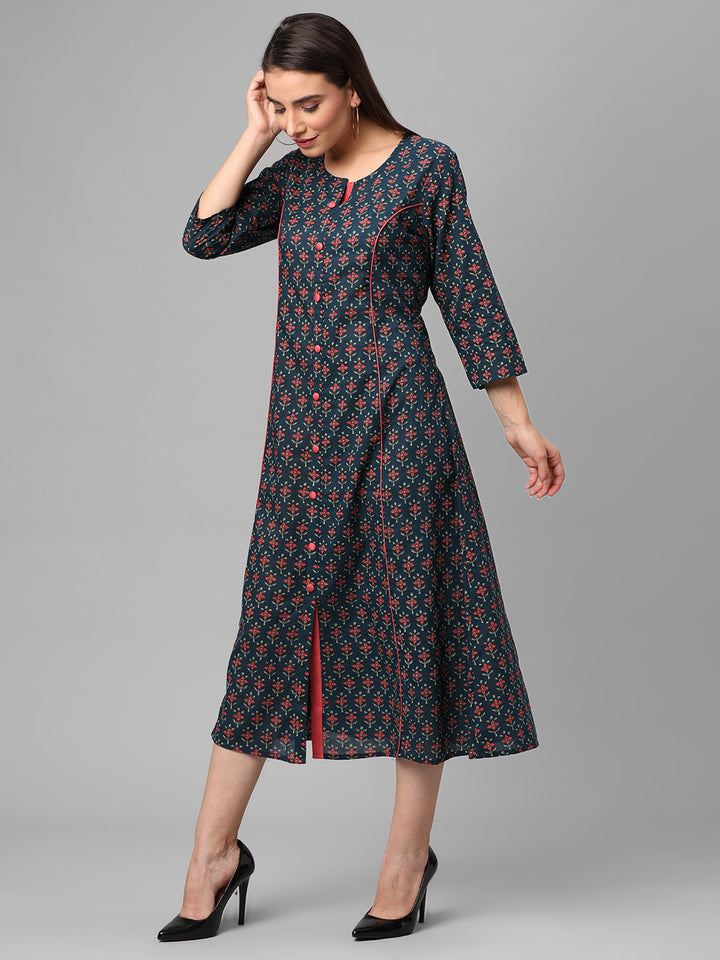 Women's Cotton Blue Floral Print Dress