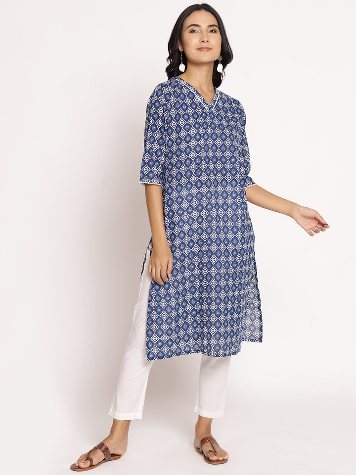 Women's Cotton Indigo Ornamental Print Kurta