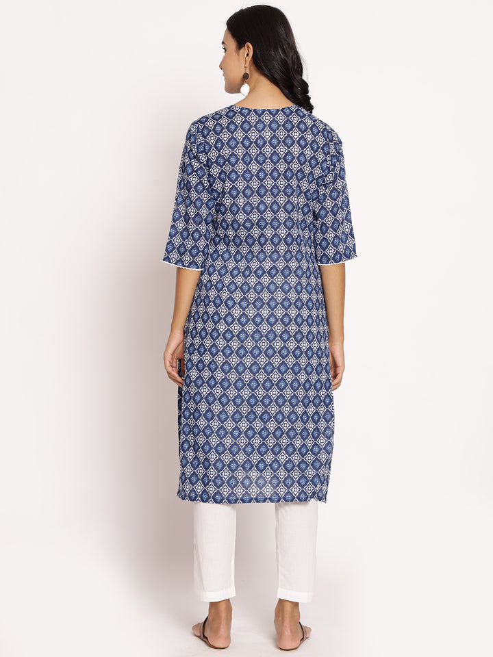 Women's Cotton Indigo Ornamental Print Kurta