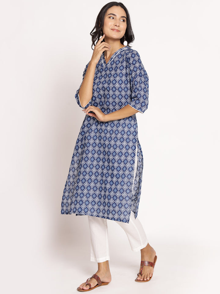 Women's Cotton Indigo Ornamental Print Kurta