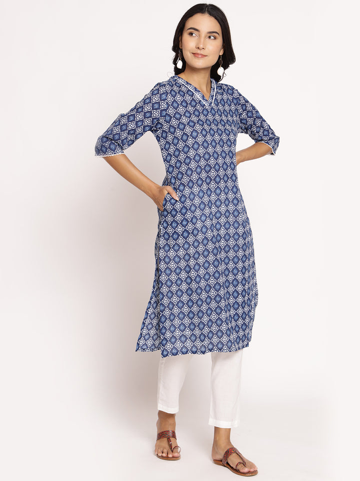 Women's Cotton Indigo Ornamental Print Kurta