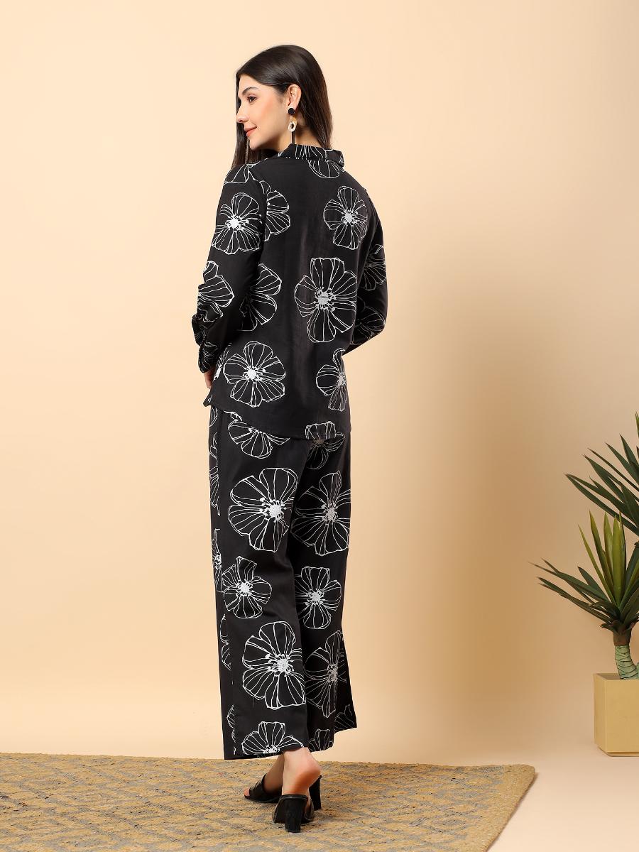 Women's Black Cotton Flex Printed Shirt With Trousers Set – Trendia
