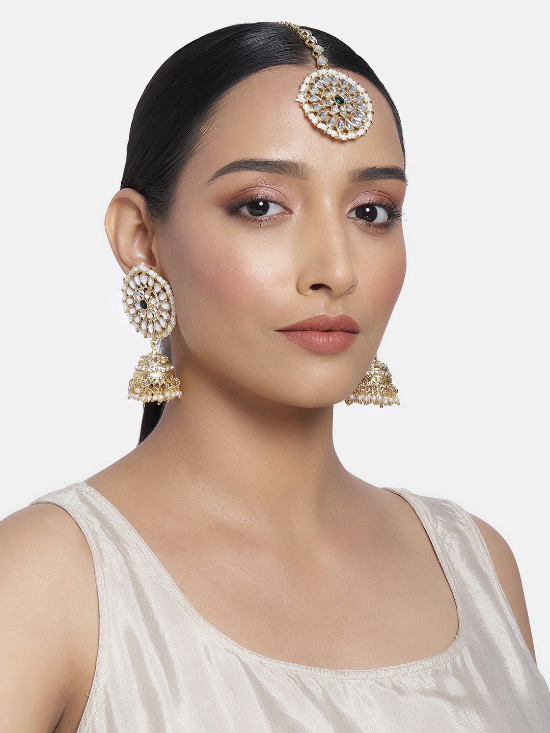 Women's Traditional Gold Plated Chandbali Kundan & Pearl Earring Set with Maang Tikka