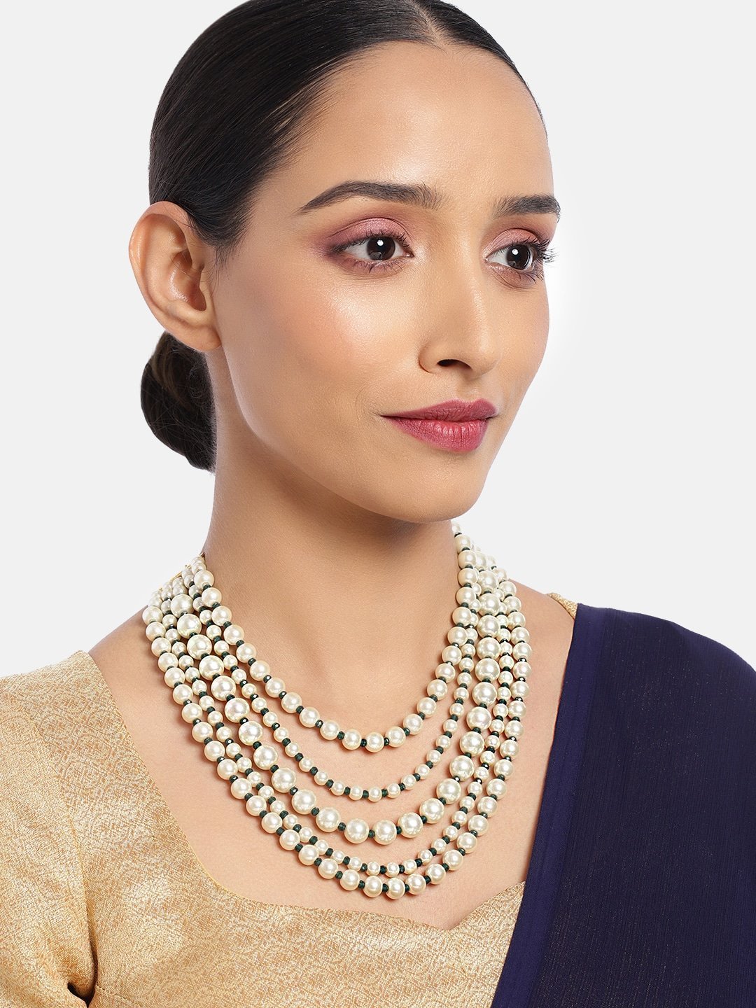Women's Gold Plated Green 5 Layered Pearl Beads Rani Necklace Set