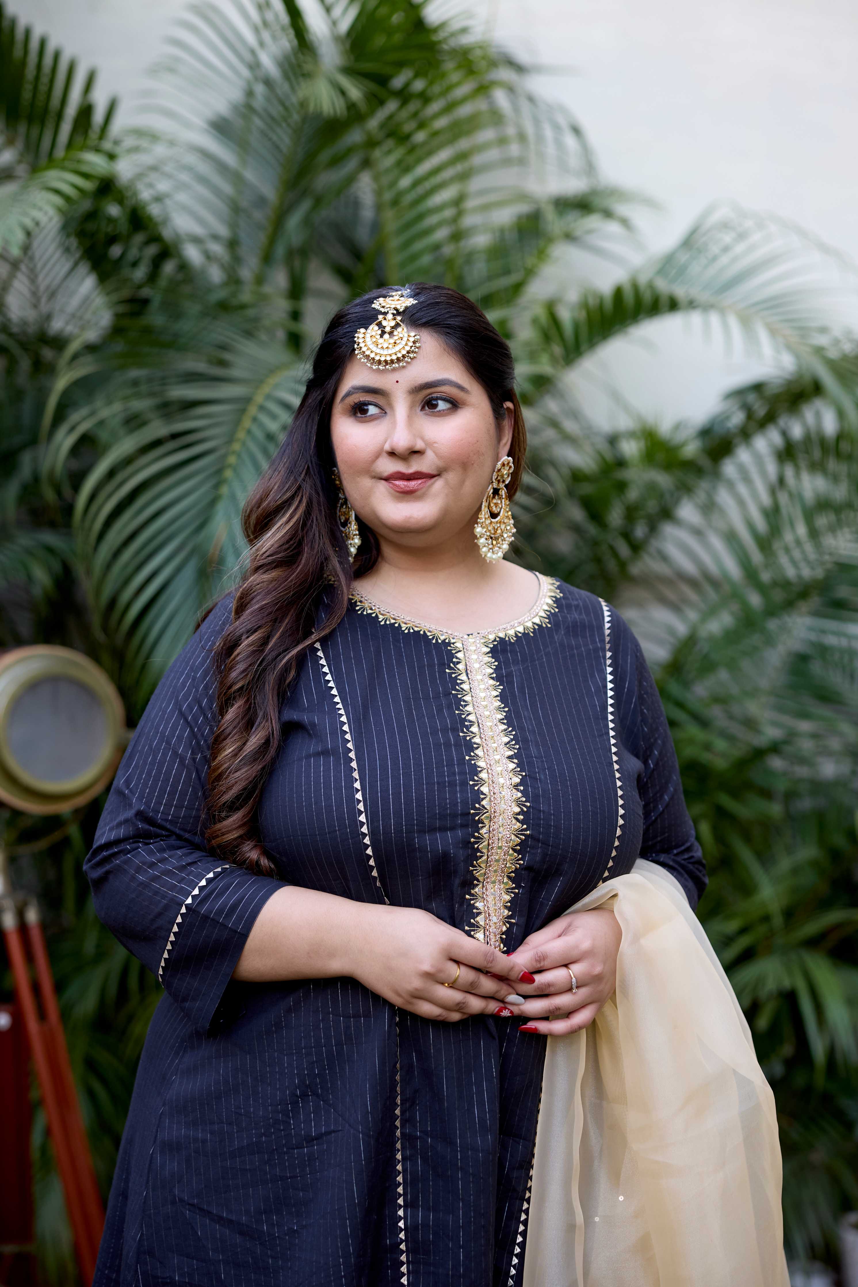 Women's Black Golden Cotton Lurex Kurta Set - (Set Of 3) - Nangalia Ruchira