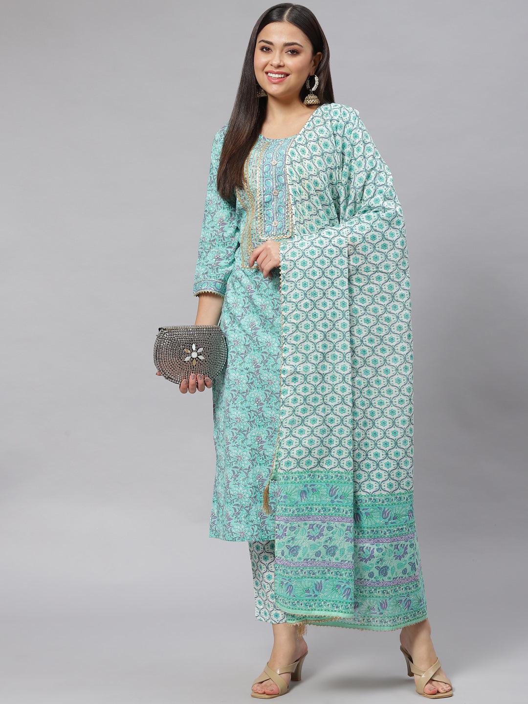 Women's Sea green Cotton kurta Pant set with Dupatta - Taantav