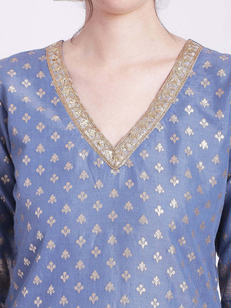 Women's Dusty Blue Badla Kurti With Gathered Palazzo And Organza Shine Dupatta