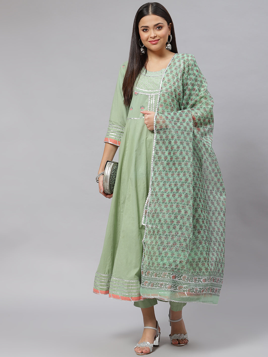 Women's Solid Green Anarkali Kurta Pant Set with Kota doria dupatta - Taantav