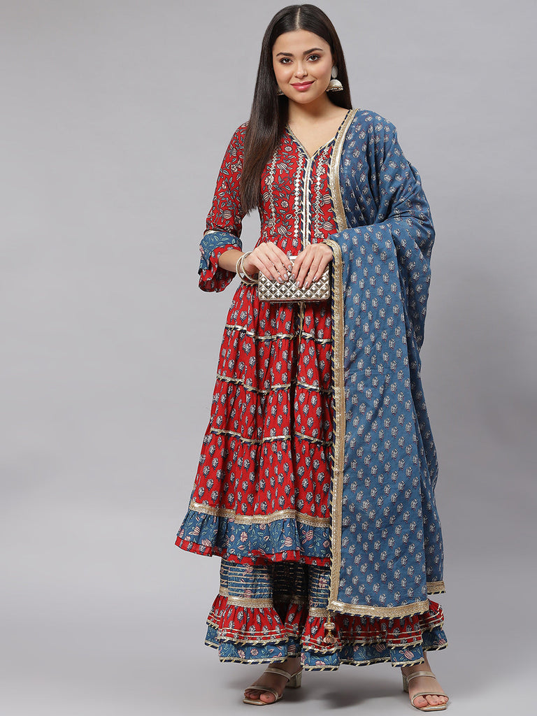 Women's Maroon & Blue Anarkali Kurta Sharara Set with Dupatta
