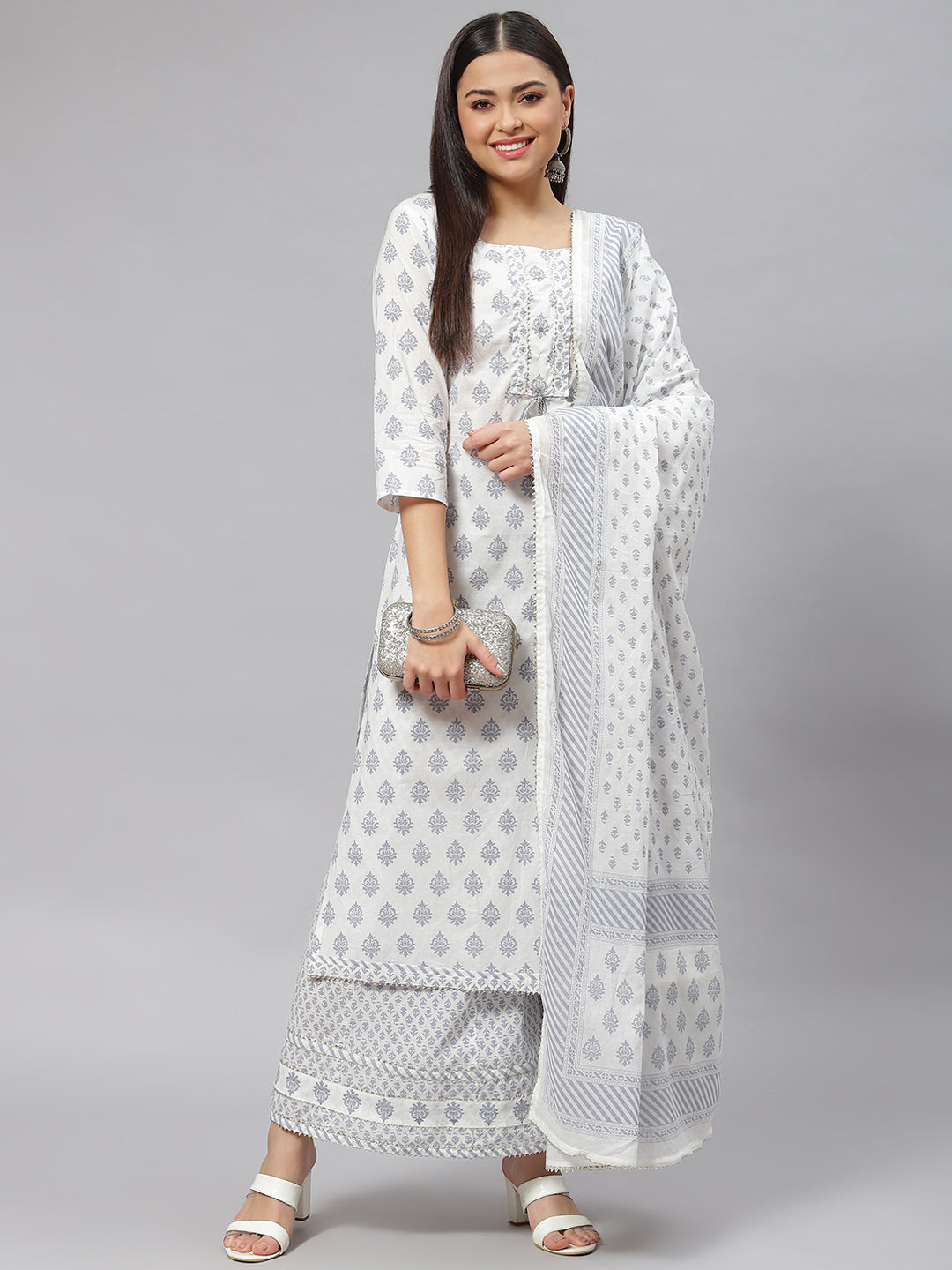 Women's White Floral Straight Kurta Palazzo Set with Dupatta - Taantav