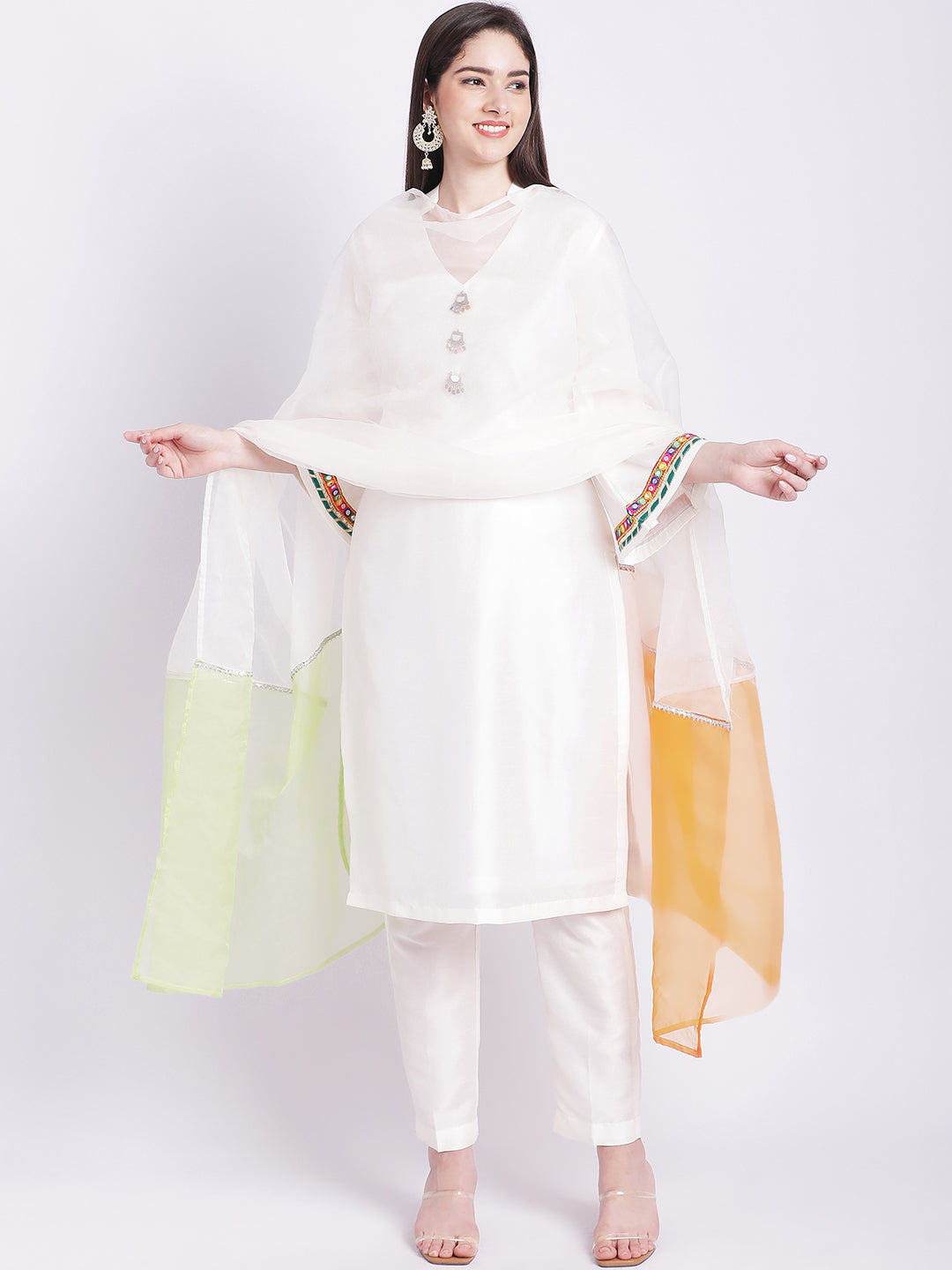 Women's Off-White Kurti With Straight Pants And Tricolour Dupatta - Anokherang