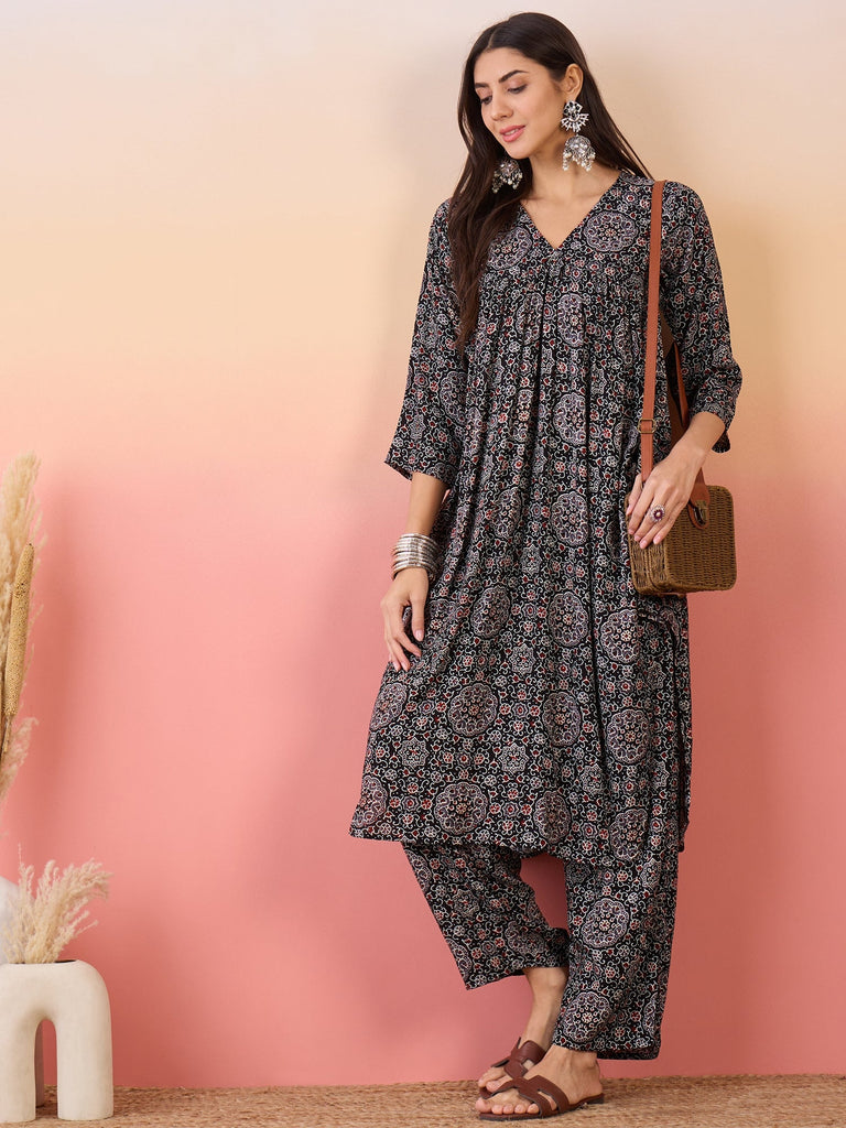 Women's Black Maroon Ajrakh Foil V Neck Flared Kurta Pant Set