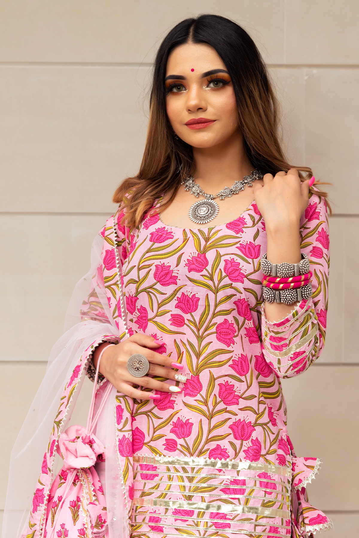 Women's Tulsi Pink Cotton Hand Block Skirt Set