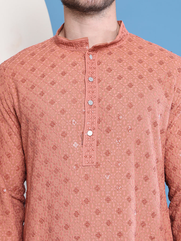 Men's  Peach Viscose Rayon Embroidered Kurta