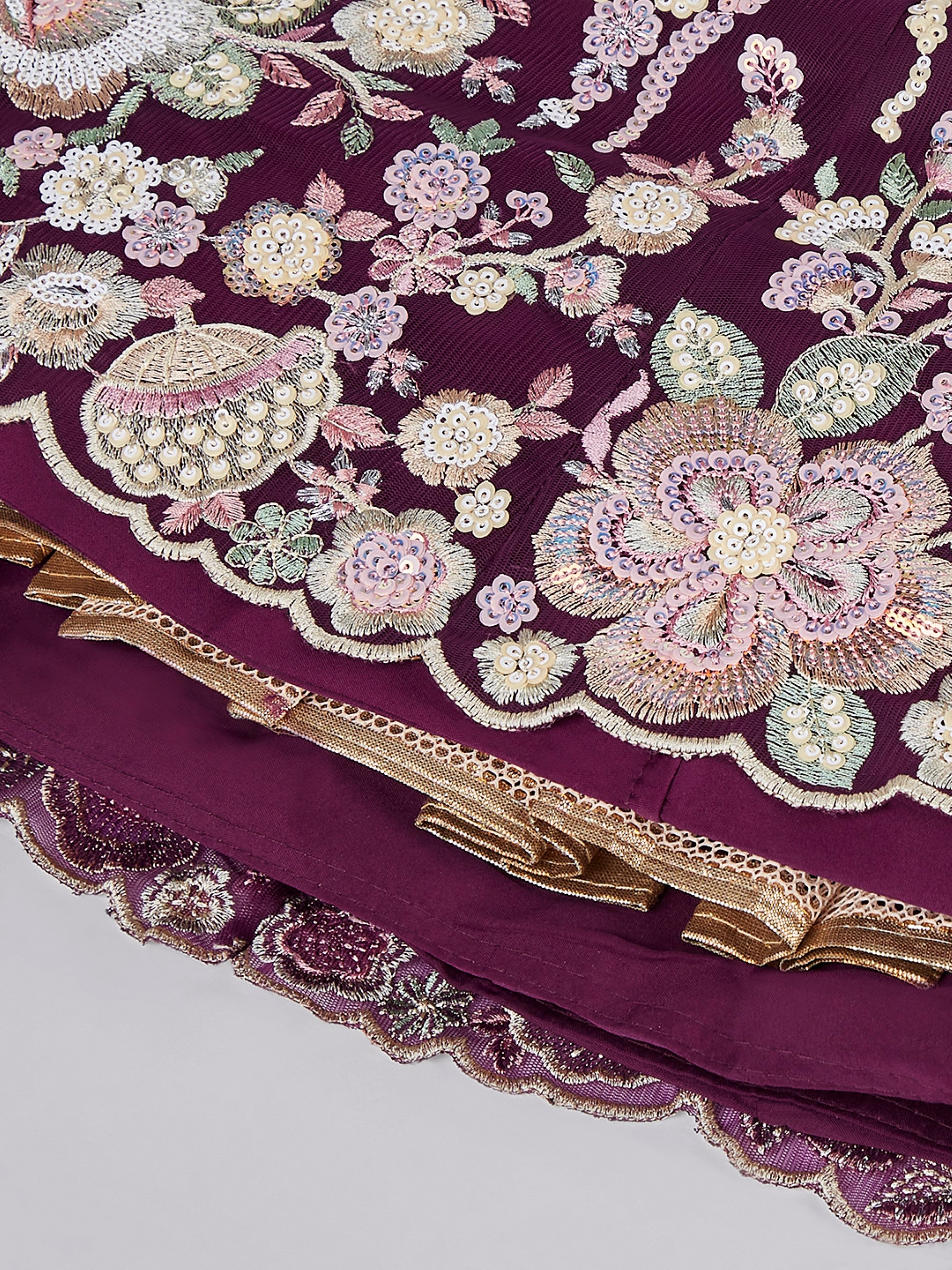 Women's Burgundy Net Sequins And Thread Embroidery Lehenga Choli & Dupatta - Royal Dwells