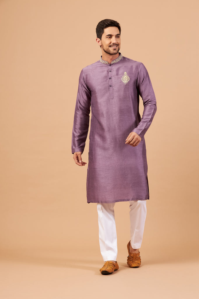 Men's Purple Color Inara Gold Embroidered Kurta Semi Raw Silk Mix