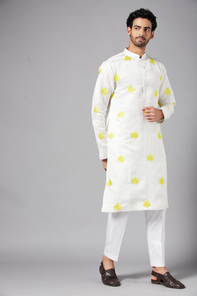 Men's White Color Morga Leaf Embroidered Kurta Linen Satin