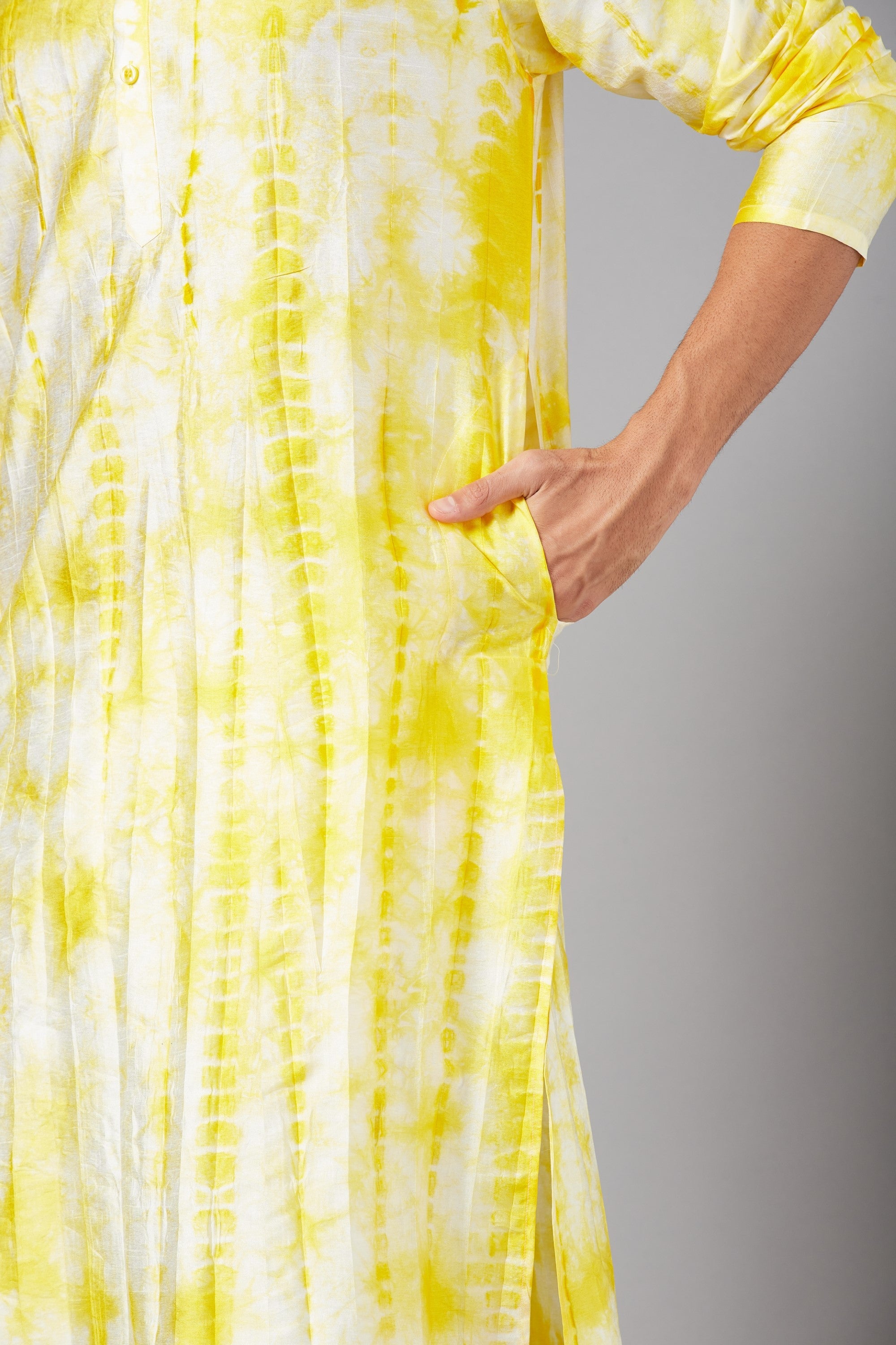 Men's Yellow & White Color Tintlo Yellow Tie & Die Kurta Semi Rawsilk Mix