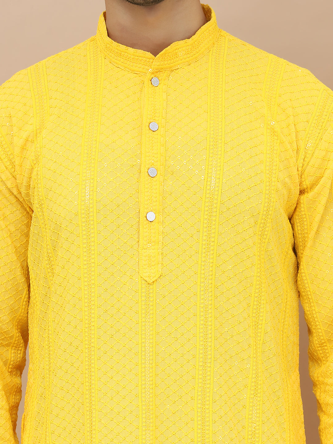 Men's  Yellow Viscose Rayon Embroidered Kurta - Grage