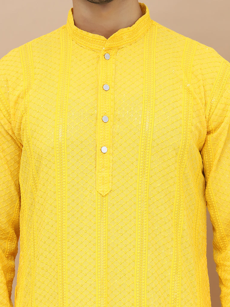 Men's  Yellow Viscose Rayon Embroidered Kurta