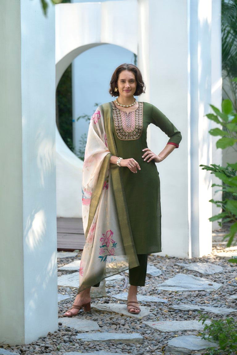 Women's Olive Green  Vatican Embroidery  Kurta Set
