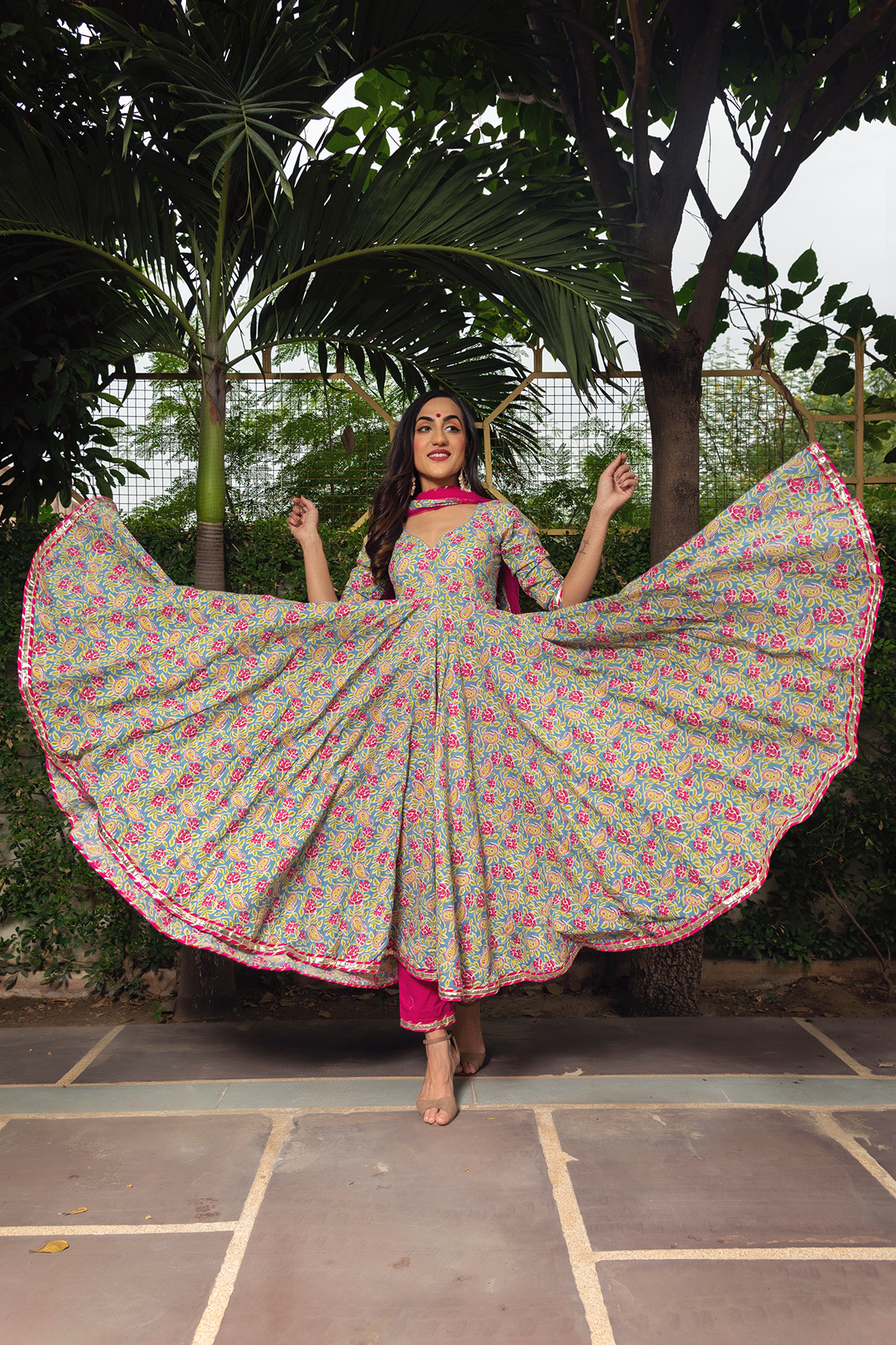 Women Multicolor Cotton Anarkali Kurta with Pant