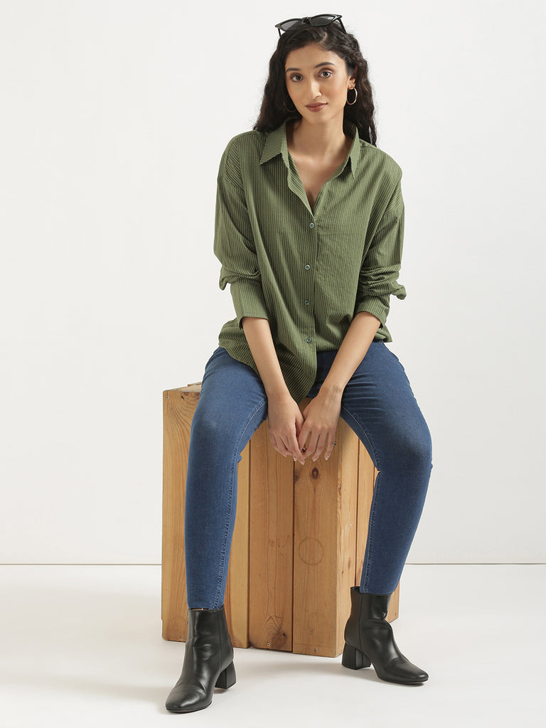Women's Airy Linen Textured Casual Oversize Olive Shirt
