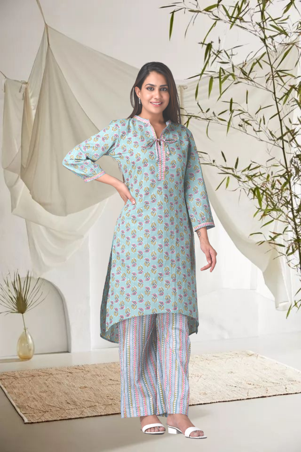 Women's Cotton Green Floral Printed Hilo Kurta Pants Set - (Set Of 2) - Nangalia Ruchira