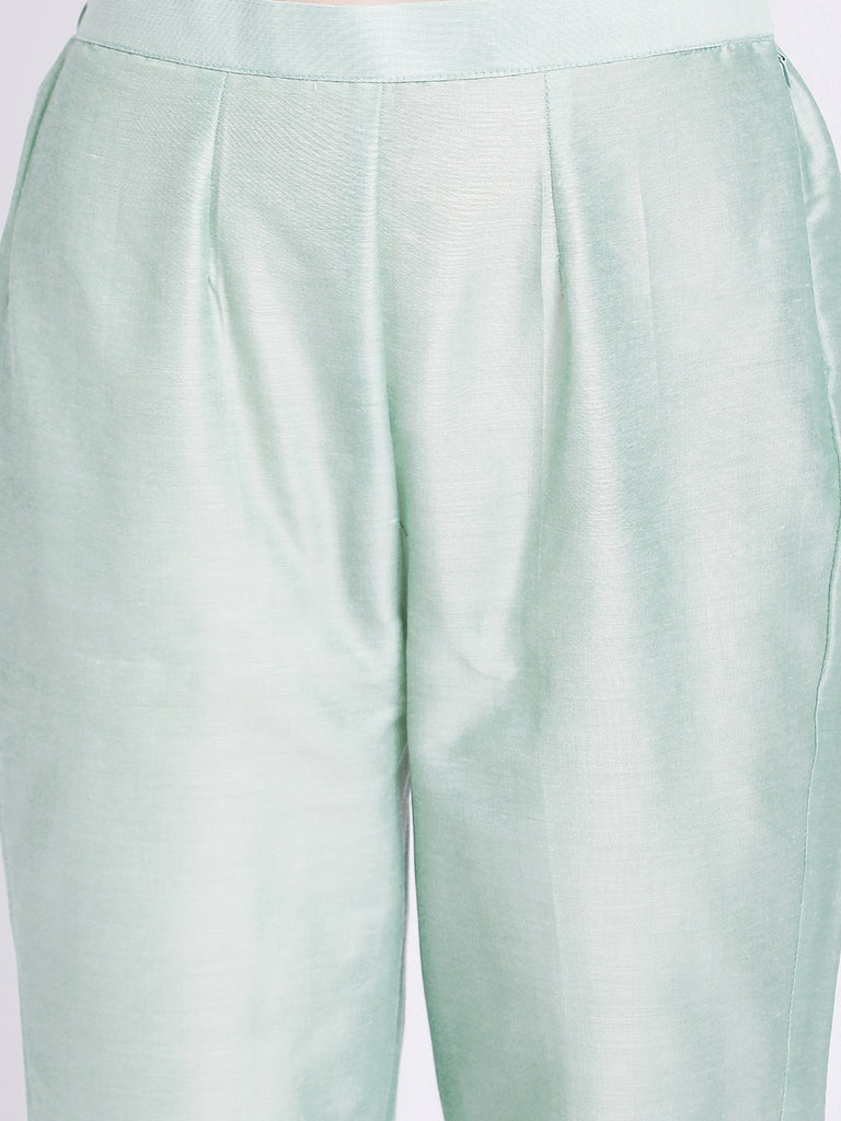 Women's Aqua Green Banarsi Straight Kurti With Pants And Chiffon Dupatta