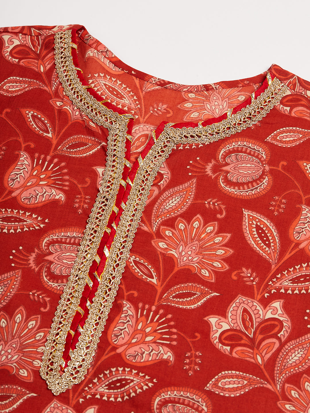 Women's RUST PAISLEY PRINT GOTA STRAIGHT KURTA - InWeave