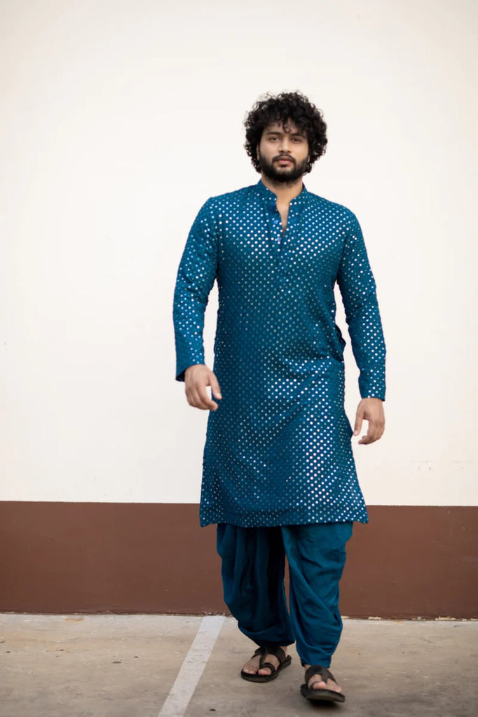 Men's Teal Blue Color Teal Blue Mirror Kurta + Patiala Pants Georgette & Santone