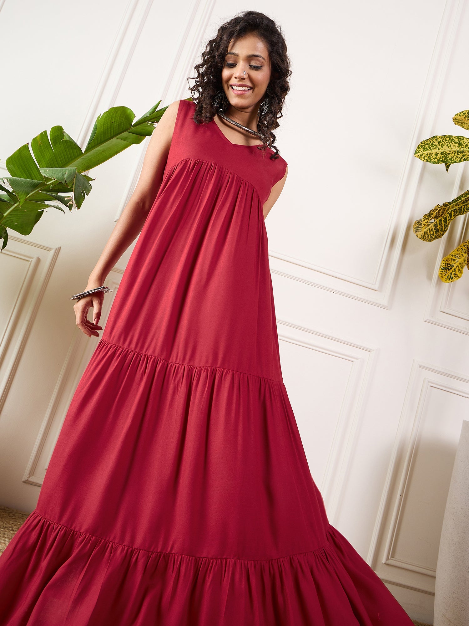 Women's Maroon V Neck Sleeveless Long Tiered Dress - InWeave